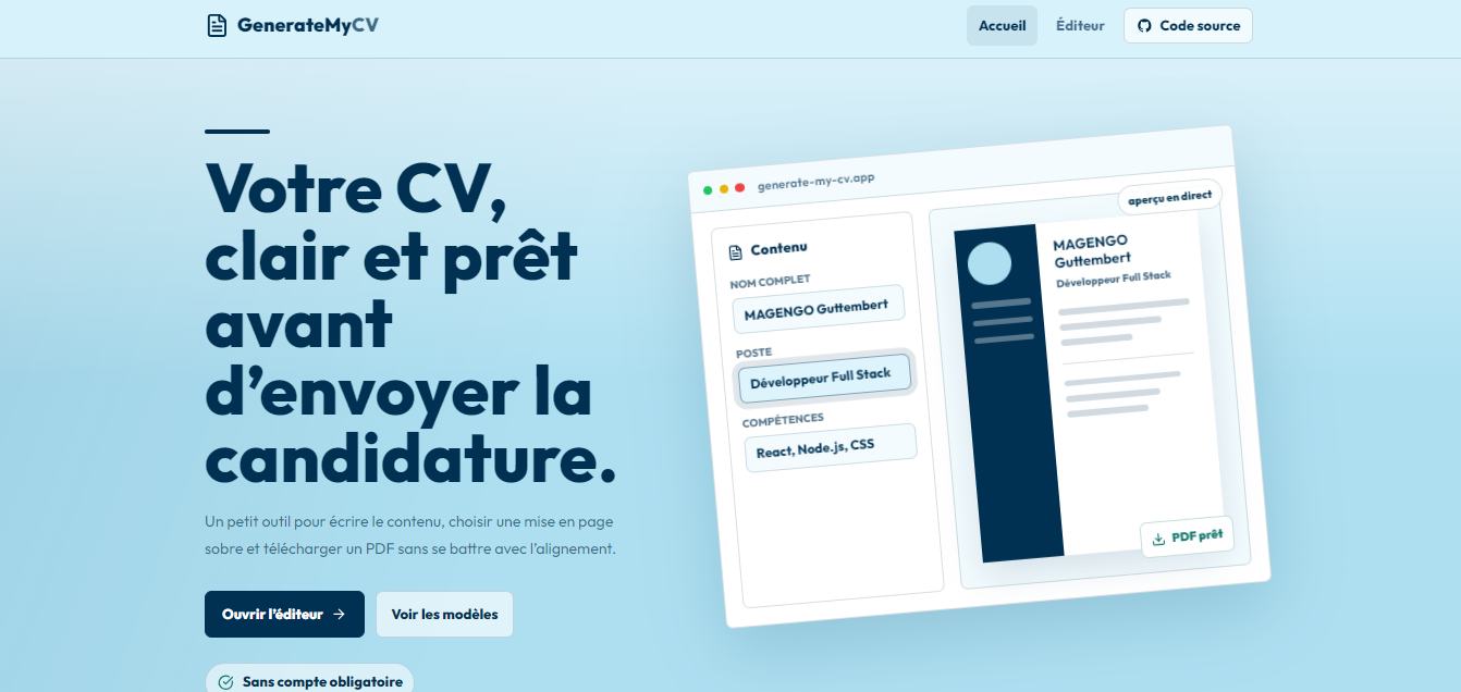 Capture du projet GenerateMyCV